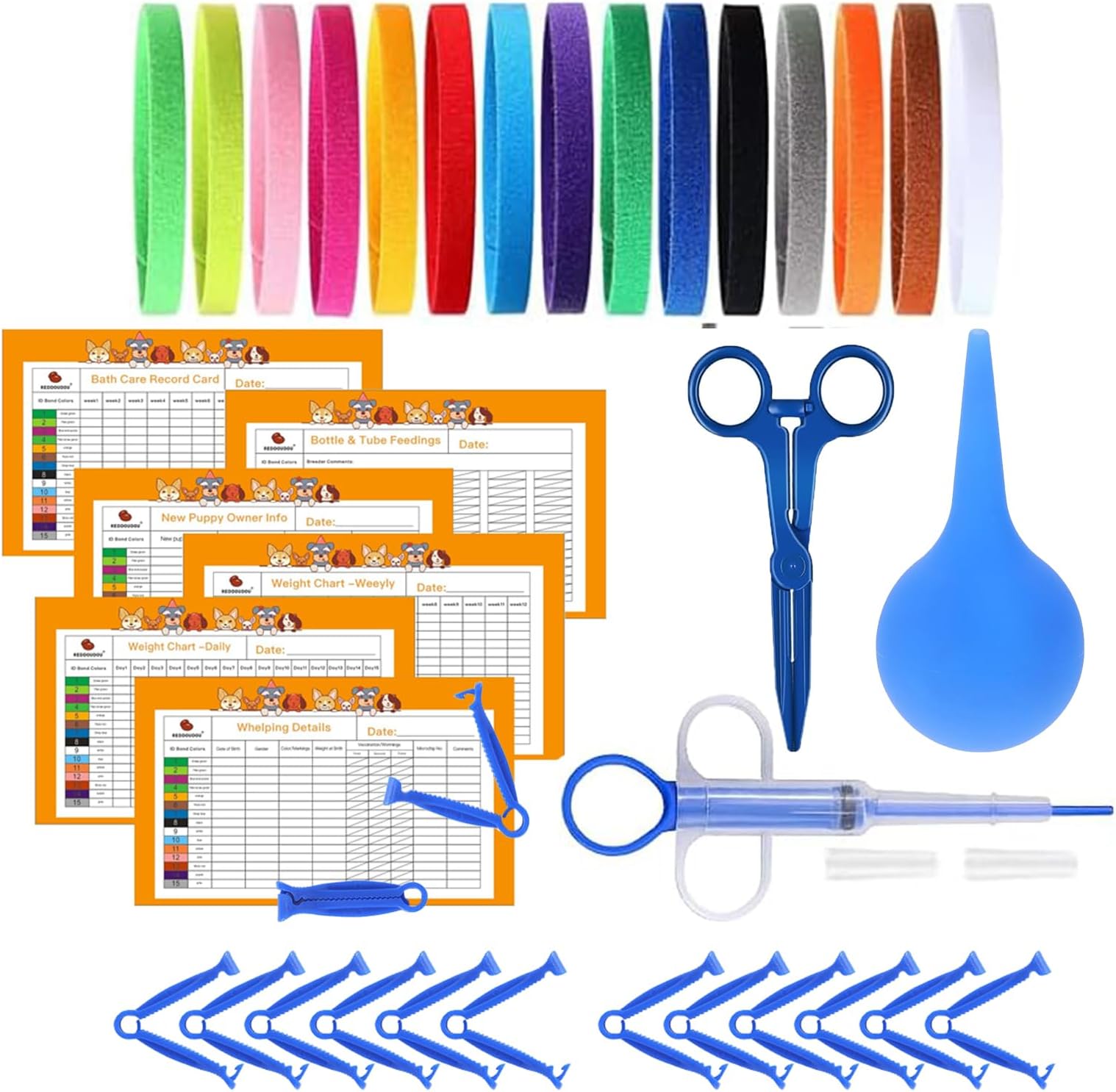 Whelping Kits for Puppies: Puppy Birthing & Starter Kit Includes 15 Whelping Collars Record Charts Forceps Aspirator Pill Dispenser & Cord Clamps
