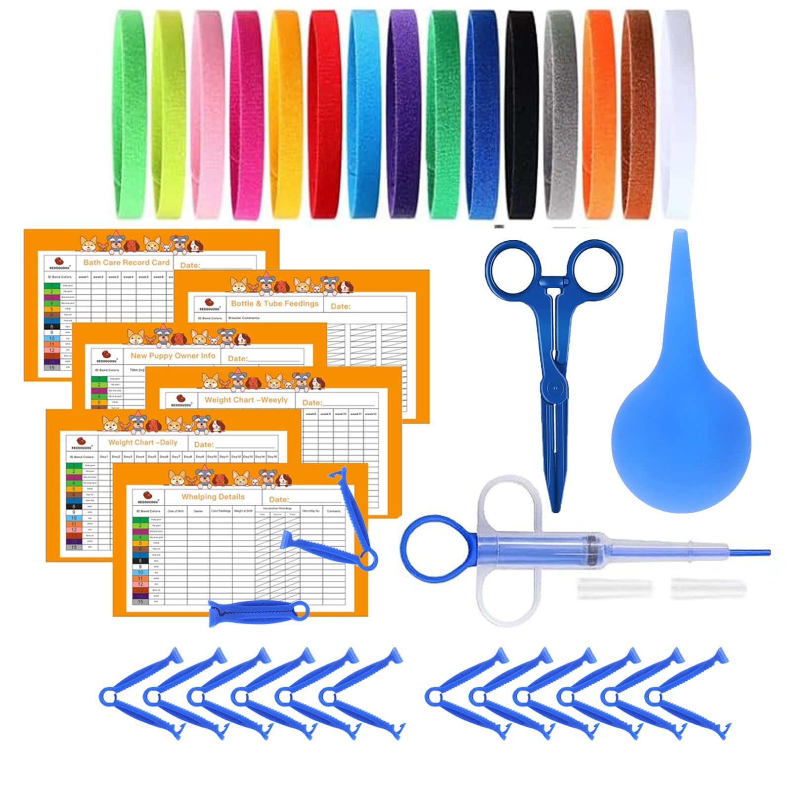 PawsVel Whelping Kits for Puppies: Puppy Birthing & Starter Kit Includes 15 Whelping Collars Record Charts Forceps Aspirator Pill Dispenser & Cord Clamps