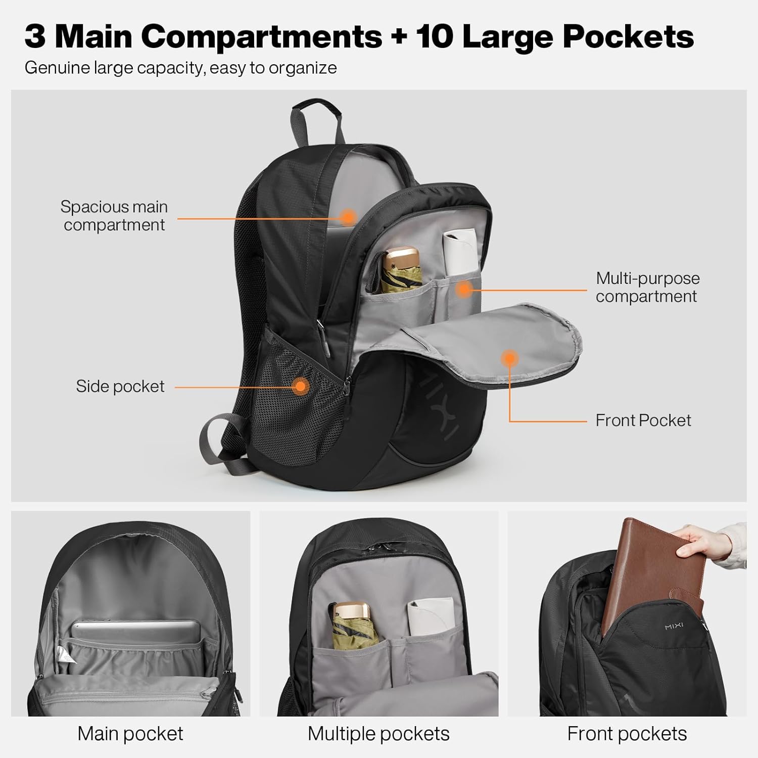 mixi Ultra Lightweight Backpack 31L Waterproof Casual backpack for Travel Sports Camping Hiking College Back Pack Daypack for Men Women, 18 inch-Black