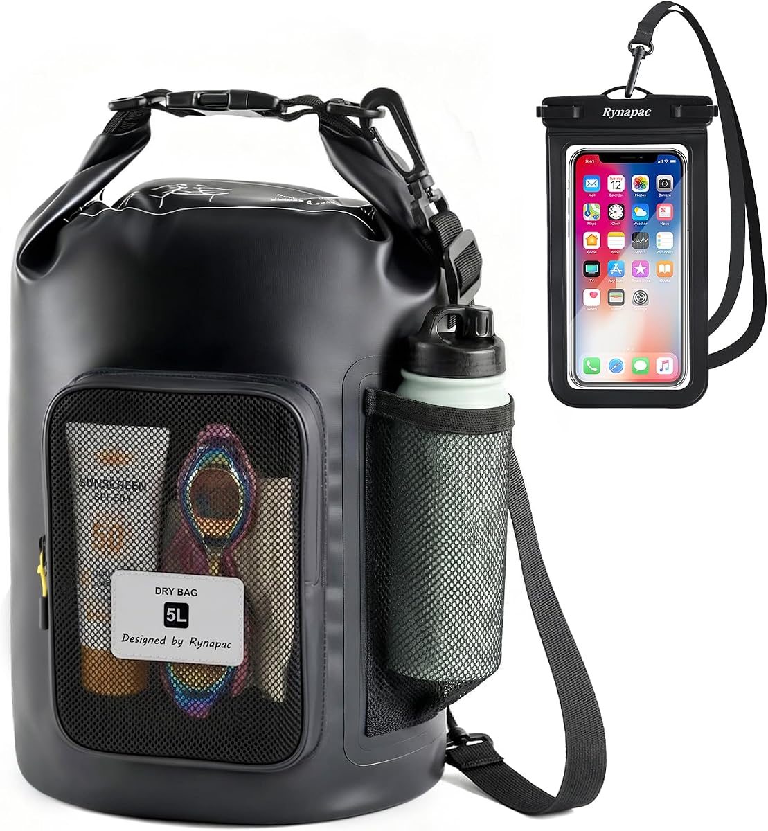 Bolsa seca impermeable de 5 litros con soporte para botellas y bolsillo de malla, bolsa seca enrollable de lona de PVC 500D con película de adsorción impermeable interior, bolsa seca liviana para kayak, playa, canotaje, pesca, viajes