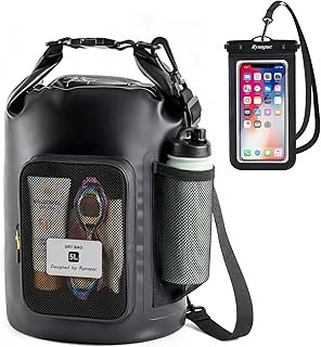 5L Waterproof Dry Bag with Bottle Holder & Mesh Pocket, 500D PVC Tarpaulin Roll Top Dry Sack with Inner Waterproof Adsorption Film, Lightweight Dry Bag for Kayaking, Beach, Boating, Fishing, Travel