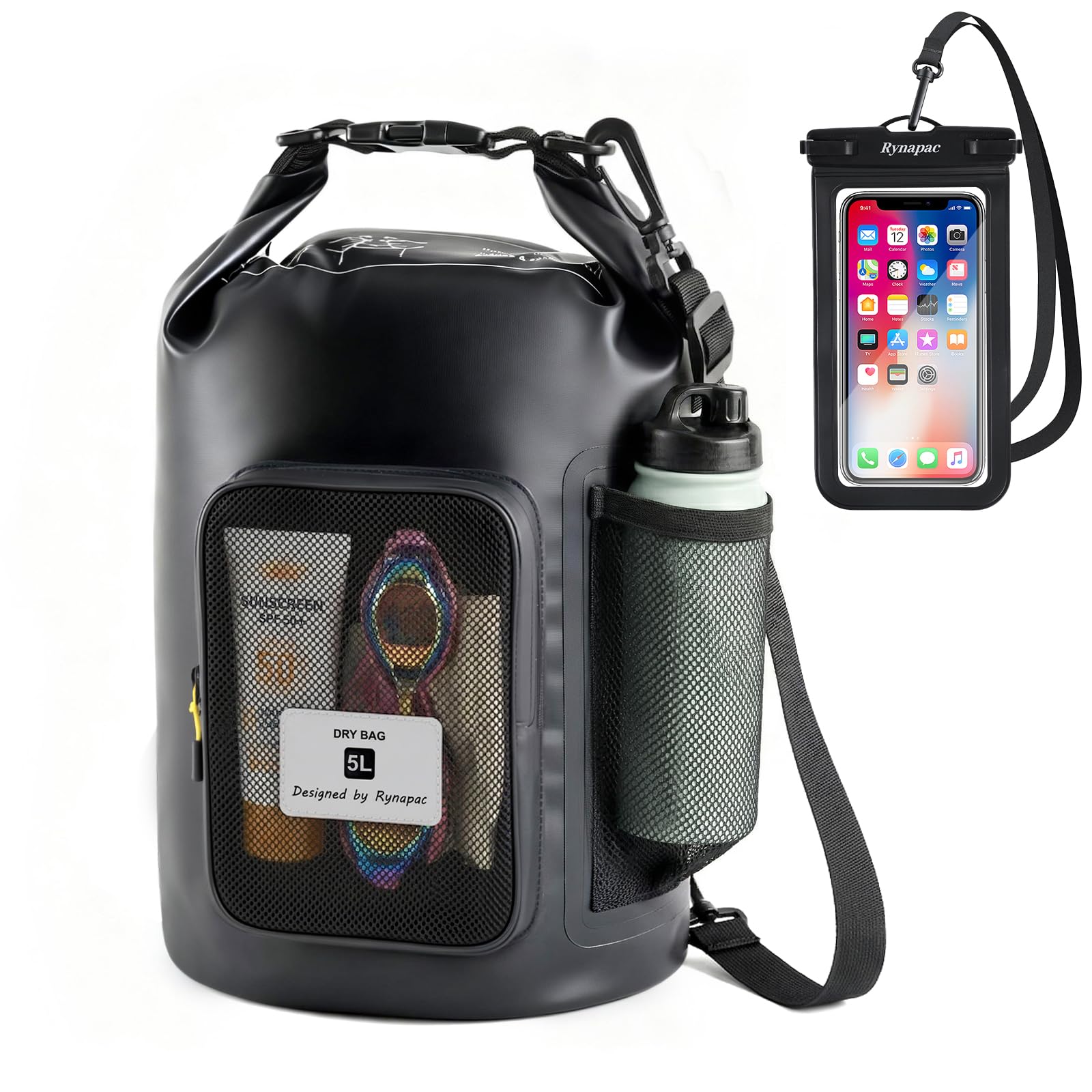 5L Waterproof Dry Bag with Bottle Holder & Mesh Pocket, 500D PVC Tarpaulin Roll Top Dry S…