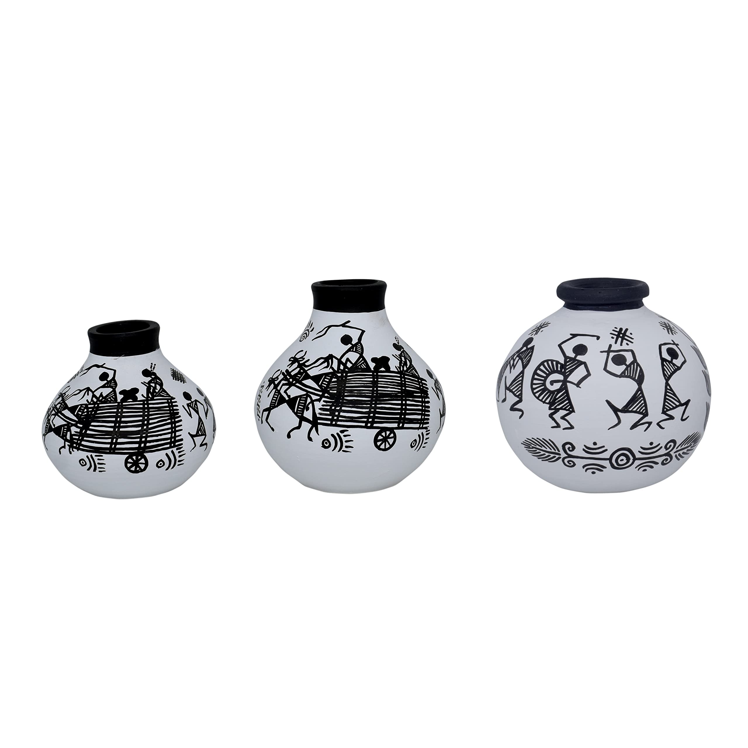 Vintage Warli Terracotta Pots - 3 Piece Combo -16 Vintage Warli Terracotta Pots - 3 Piece Combo -16