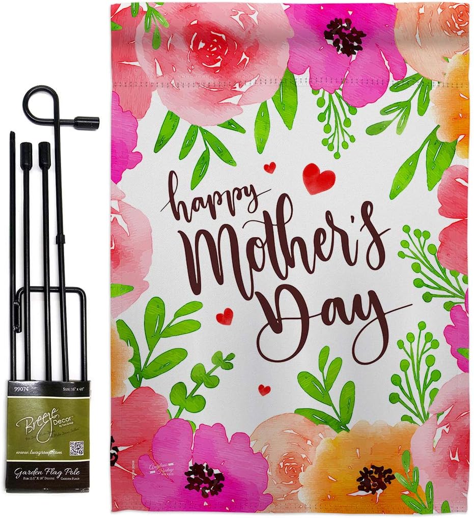 Colorful Happy Mothers Day Garden Flag Set Wood Dowel Family Mother Mom Mama Grandma Love Flowers Parent Sibling Relatives Grandparent Small Gift Yard House Banner Made In USA 13 X 18.5