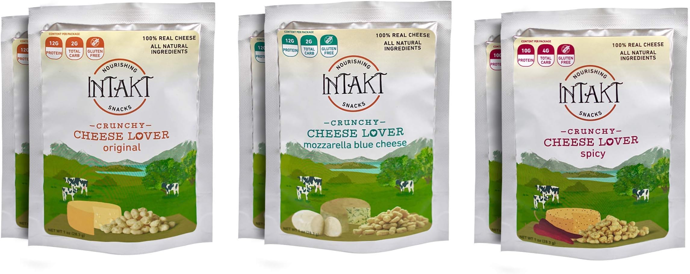 INTAKT 100% Natural Cheese Bites | 6 Pack | Keto, Low Carb, Gluten Free, High Protein, High Fat, Non GMO, Healthy Snacks | Dehydrated Cheese Crisps (Original, Spicy, Blue Cheese)