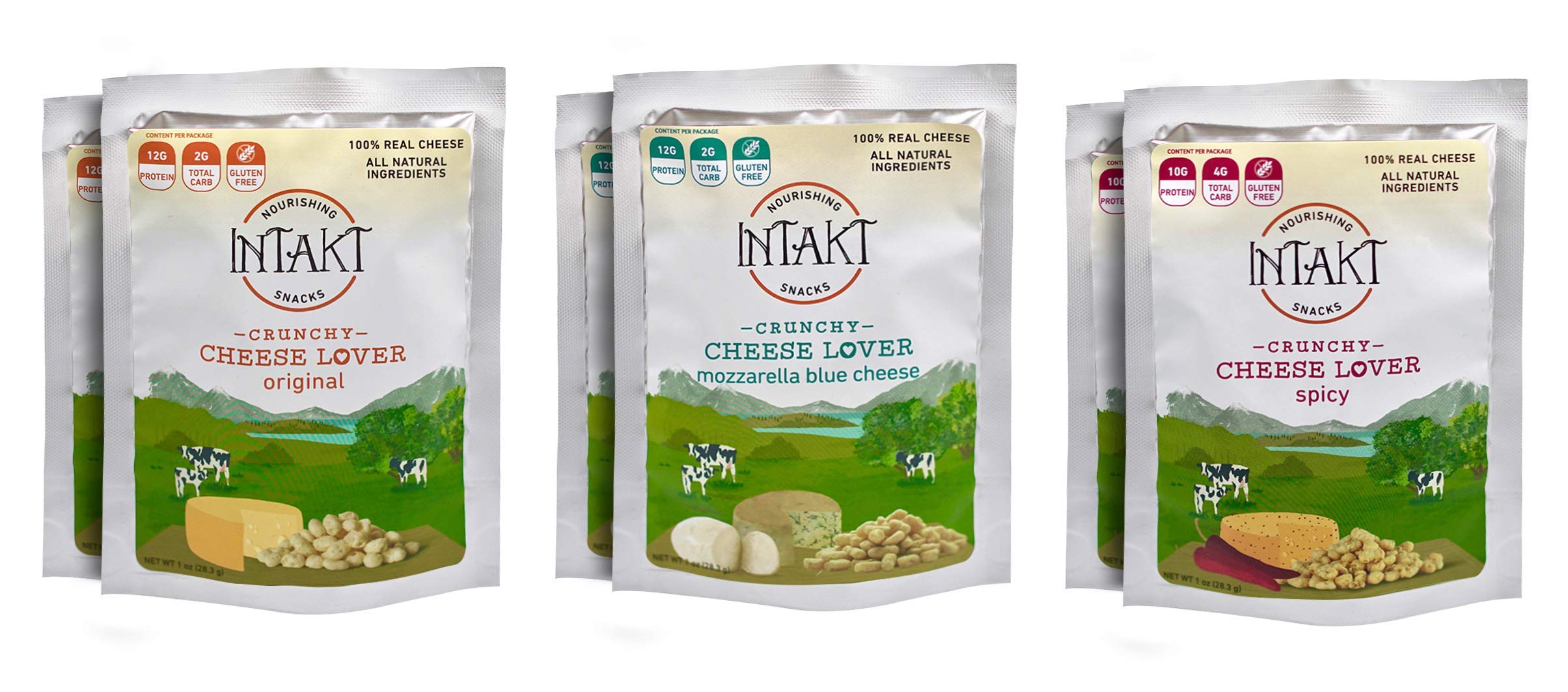 INTAKT 100% Natural Cheese Bites | 6 Pack | Keto, Low Carb, Gluten Free, High Protein, High Fat, Non GMO, Healthy Snacks | Dehydrated Cheese Crisps (Original, Spicy, Blue Cheese)