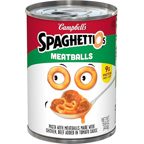Vista 19 de SpaghettiOs Pasta enlatada con albóndigas, refrigerio saludable para niños y adultos, lata de 15.6 onzas (paquete de 24)
