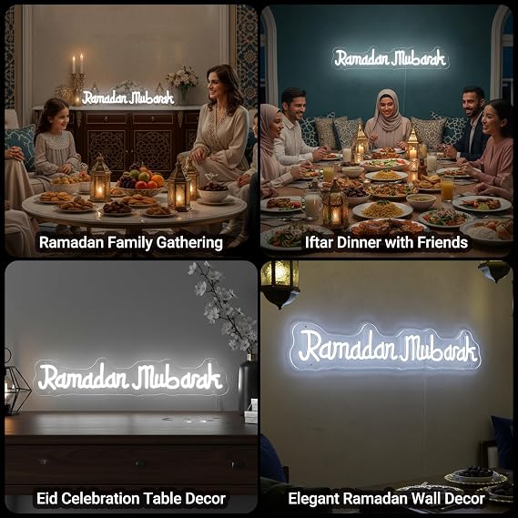 Ramadan Mubarak Neon Sign, White Islamic Eid Mubarak LED Neon Light for Wall Decor, Dimmable Ramadan Light up Sign Gift for Home, Eid Party, Muslim Family 18 * 3.5in