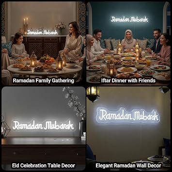Ramadan Mubarak Neon Sign, White Islamic Eid Mubarak LED Neon Light for Wall Decor, Dimmable Ramadan Light up Sign Gift for Home, Eid Party, Muslim Family 18 * 3.5in