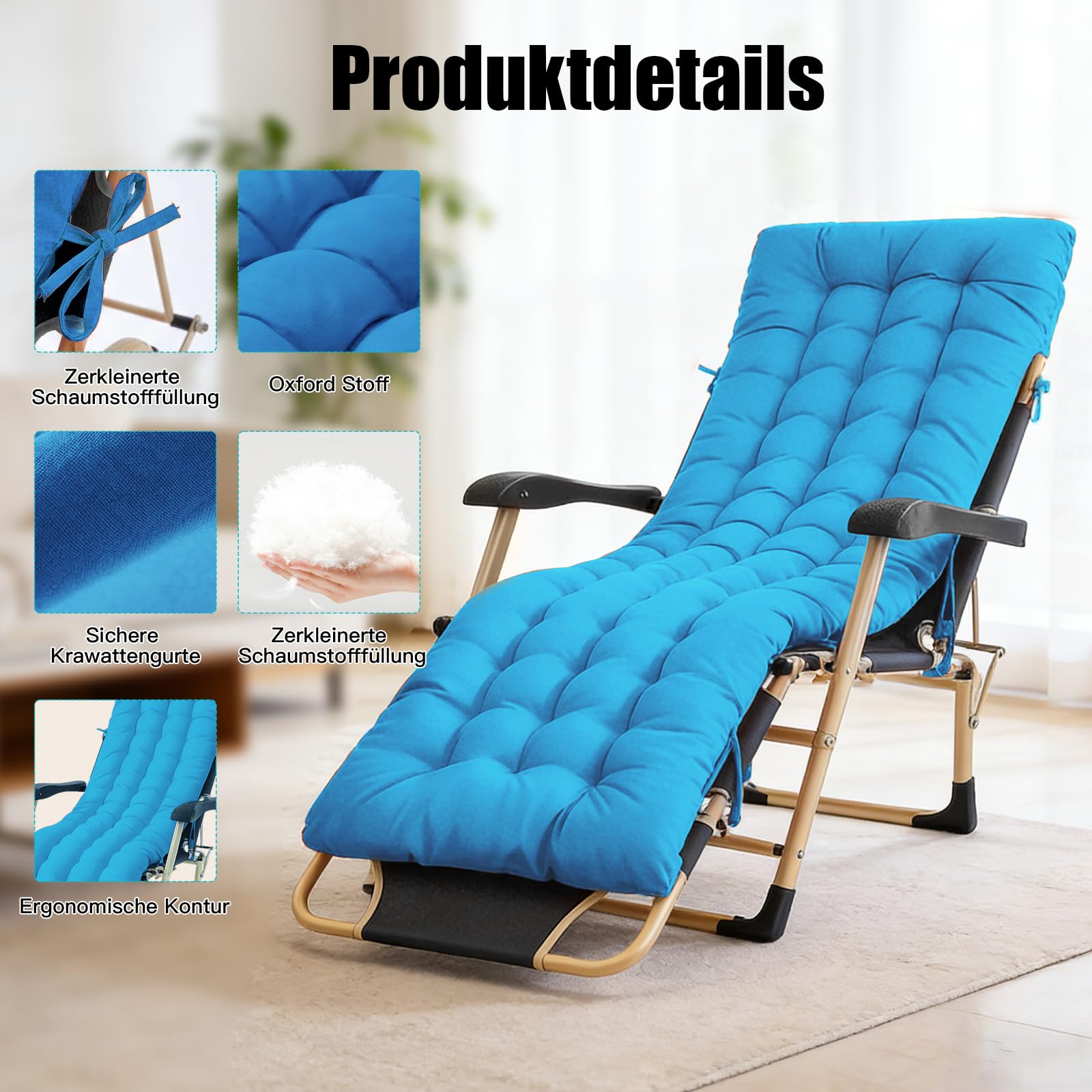 Bocguy Coussins pour Bains De Soleil，170x53x8 CM Chaise Longue Jardin，Matelas Transat Bain De Soleil Chaise Longue Exterieur pour Jardin Terrasse Balcon
