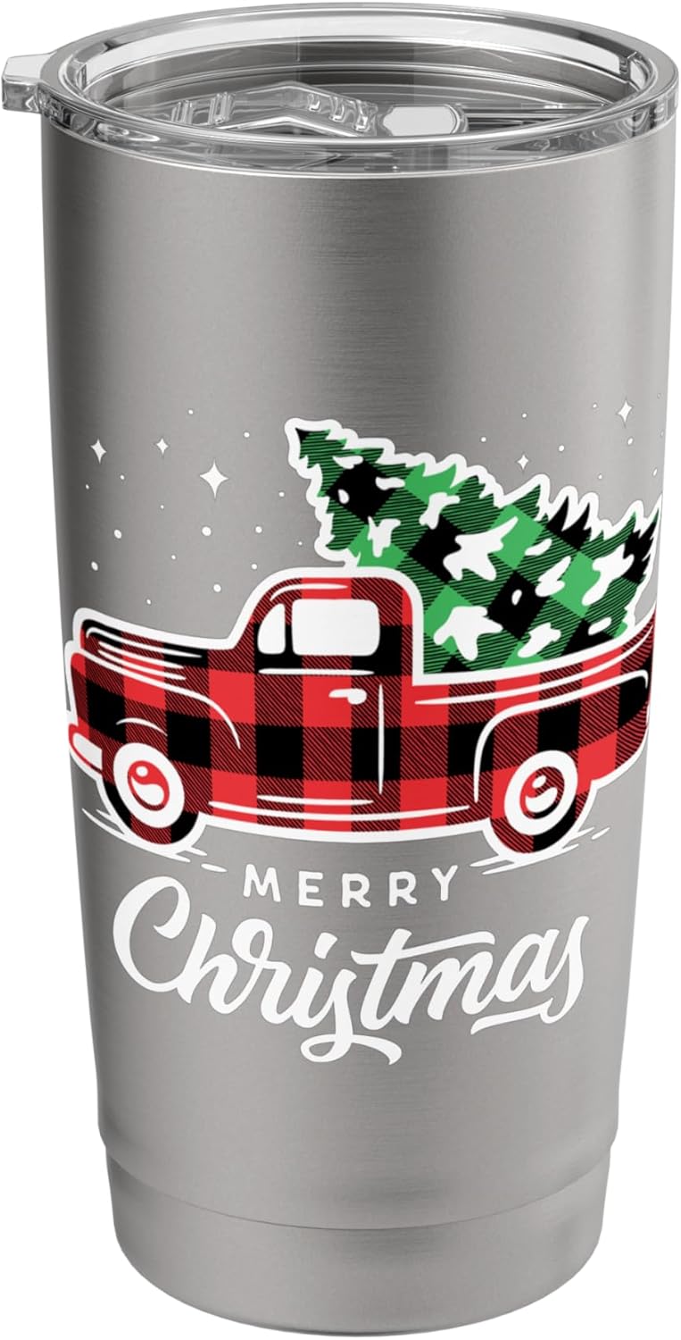Vintage Style Farm Pickup Red Truck with Christmas Tree Stainless Steel Insulated Tumbler