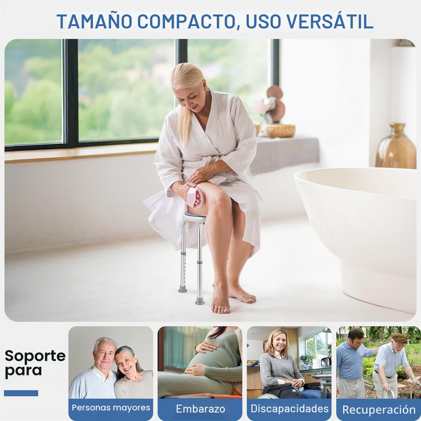 Taburete Baño Redondo Giratorio 360°, Taburete Ducha Patas Antideslizante Carga de 136 kg, Regulable en Altura 36-52 cm, para discapacitados o Ancianos, Montaje Sin Herramientas