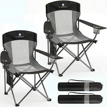 2 Pack Camping Chairs for Adults,Oversized Mesh Back Lawn Chair with Cup Holder, Side Pocket&Bag for Outdoor,Beach,Picnic,Fishing,and Sports,Breathable,Heavy Duty,Black