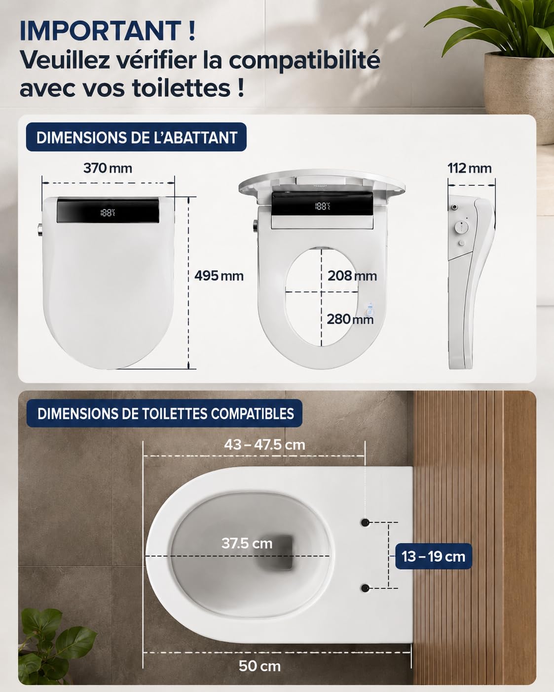 Abattant de Toilette Intelligent Bidet à Double Bras de Pulvérisation, Siège Japonais Chauffant, WC Douche à Couvercle Automatique et Aromathérapie, Bidet Électronique eau Chaude et Sèche-Cheveux
