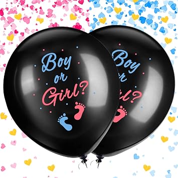 JOYYPDP Gender Reveal Balloons - 2 Pack 36 Inch Black Boy or Girl Balloon with Pink and Blue Heart-Shaped Confetti for Gender Reveal Party Decorations