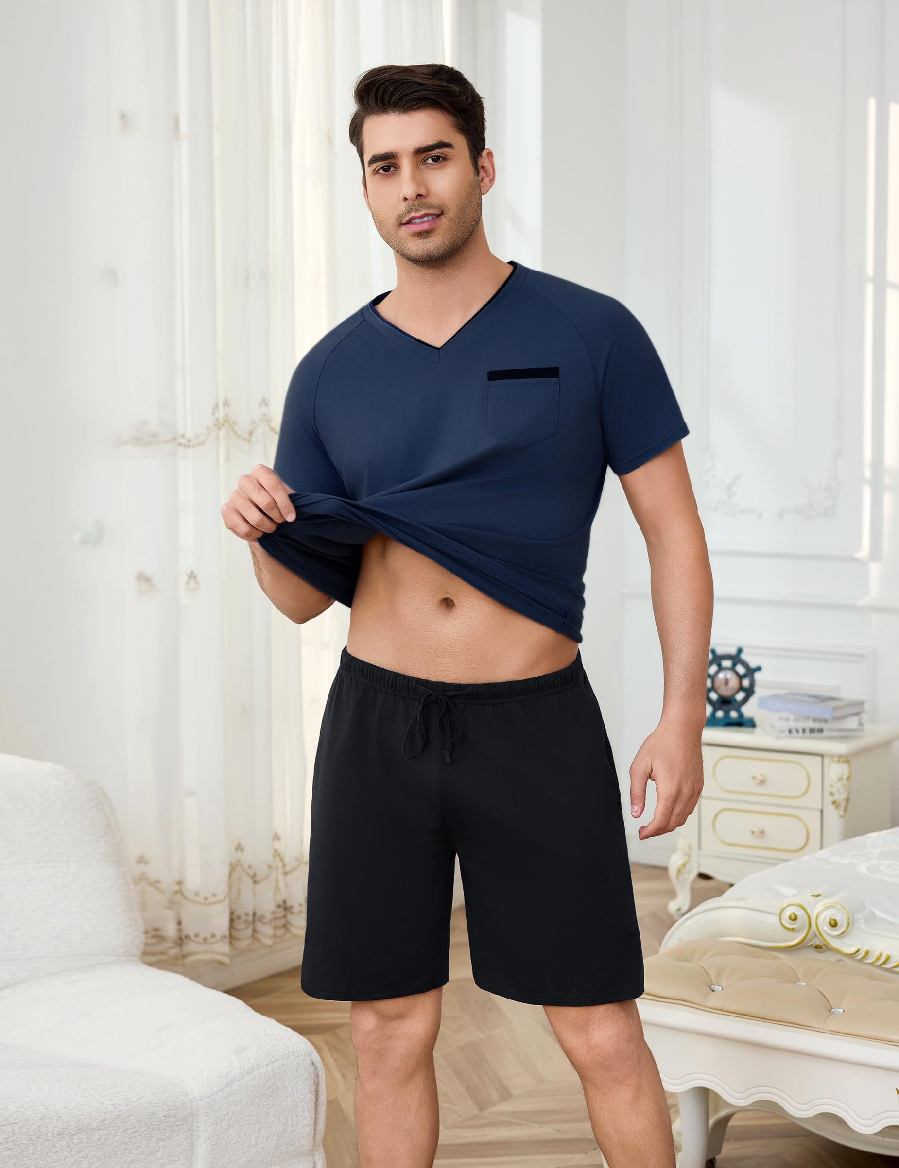 Bresdk Schlafanzug Herren Kurz Sommer Pyjama Set Baumwolle Shorty Kurzer Schlafanzüge mit V-Ausschnitt Schlafanzughose Zweiteilig Set