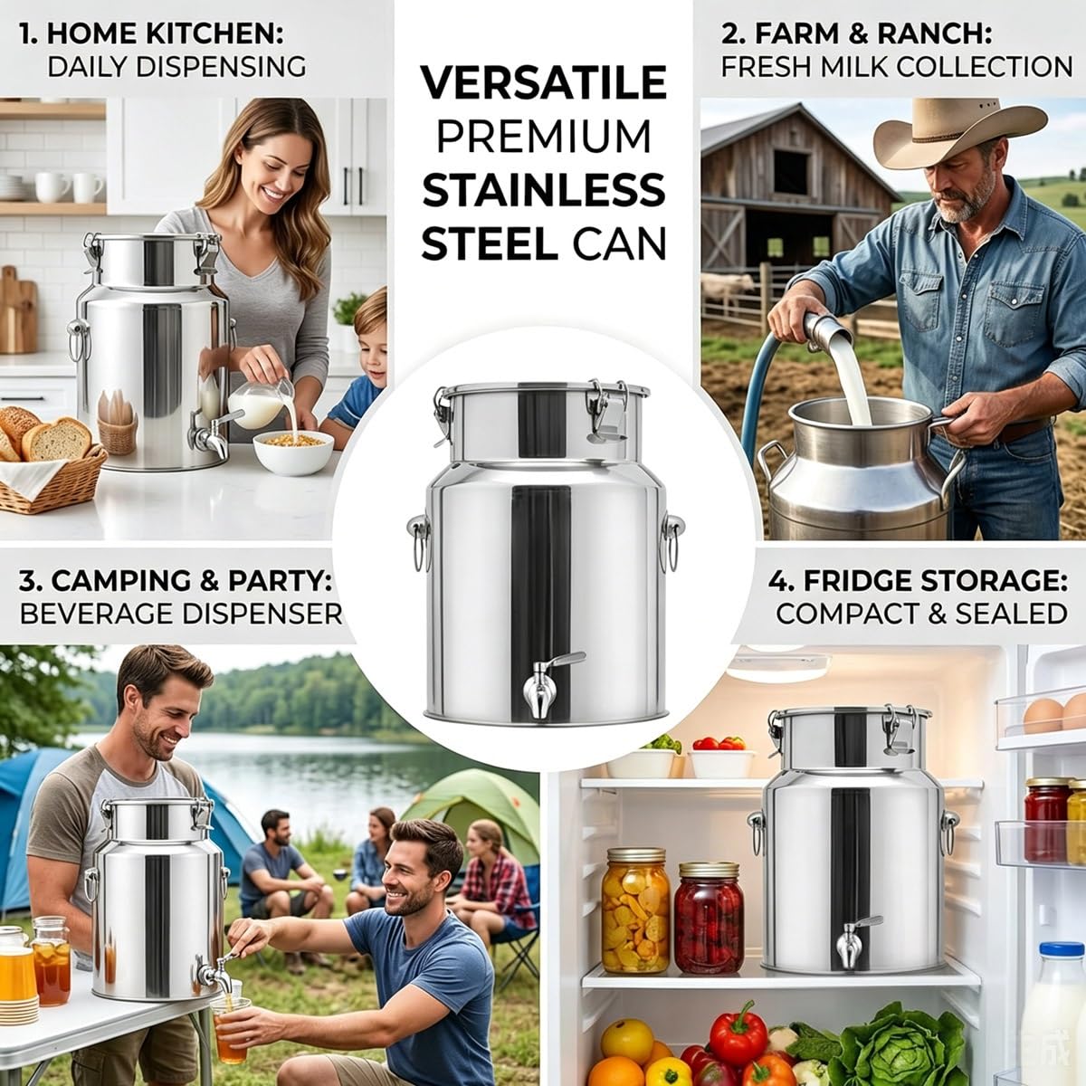 Luftdichte Milchkanne Edelstahl 5l 10l 60l | Milchkännchen mit Deckel & Verschlussklammer | Rostfreie Transportkanne für Flüssigkeit & Feststoffe(No Spigot,9L/2.38Gal)