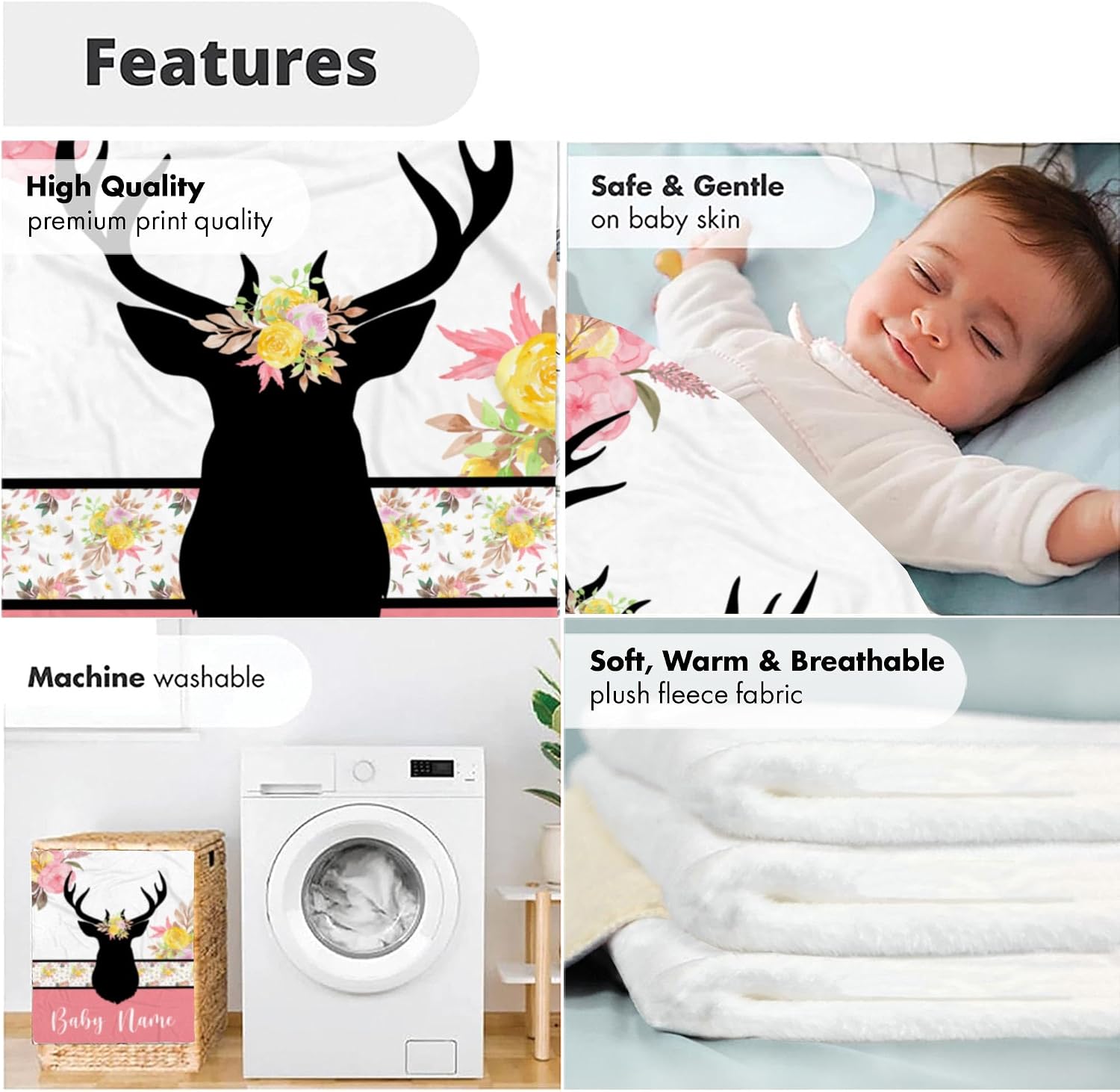 Personalized Deer Baby Blanket, Custom Name Soft Fleece Throw, Floral Antler Nursery Decor, Newborn Girl Receiving Blanket