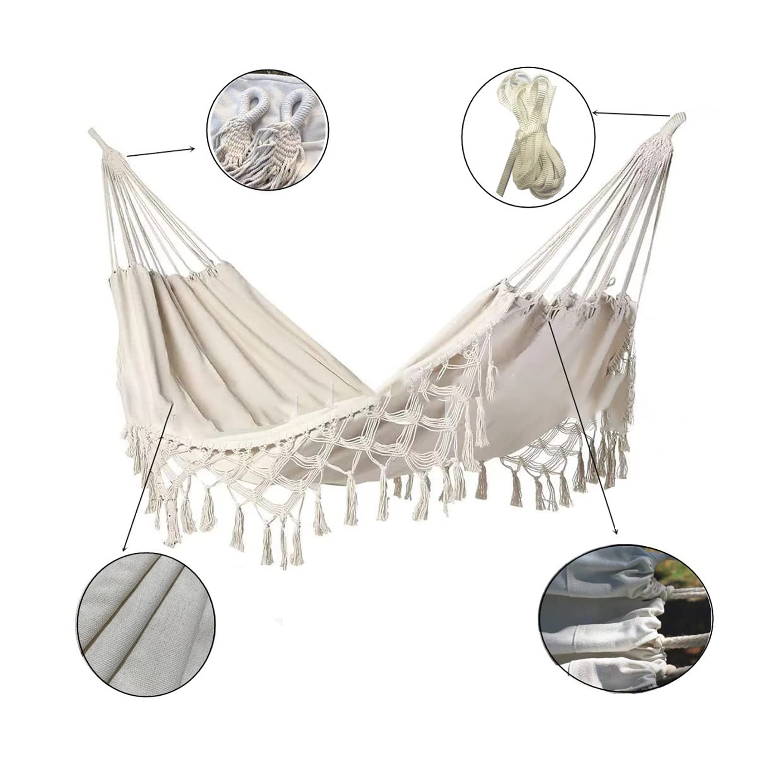 Lit de Jardin en Coton, 260cm × 140cm, Franges en macramé, Balcon Boho, Glands Faits à la Main, 2 Personnes, Double, 250 kg