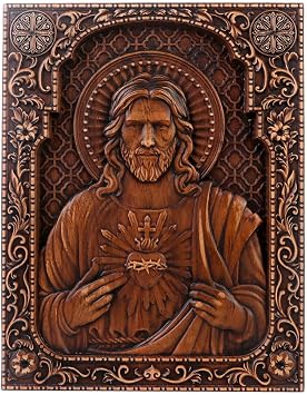 QIADGE Sacred Heart of Jesus Wood Sculpture Catholic Icon of Our Lord Christian gift Religious wall art works jesus statue pictures for wall of jesus sacred heart wall decor13.7 * 10.7 in