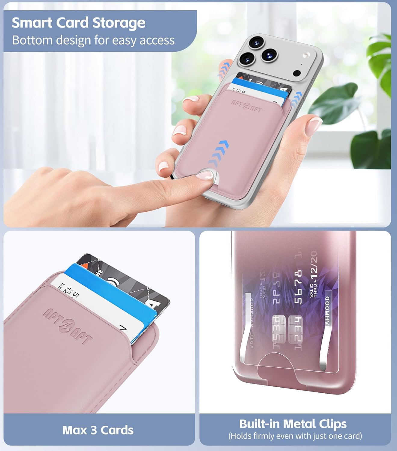 for MagSafe Wallet with Find My Tracking, Ultra-Slim, 3-Card RFID Holder, Strong Magnetic Wallet for iPhone 17/16/15/14/13/12 Pro Max Air Plus, Wireless Charging, Pink