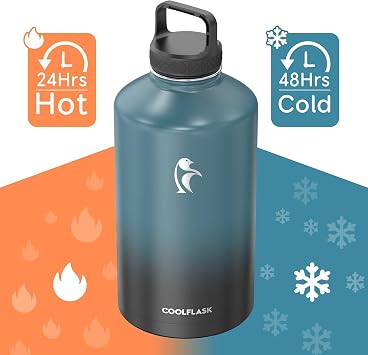 Coolflask 3.8 L Water Bottle Insulated with Straw & 3 Lids, Gallon Water Jug Large Stainless Steel Metal Vacuum Wide Mouth for Sports, Gym, Office, Non-BPA Keep Cold 48H Hot 24H, Indigo Black