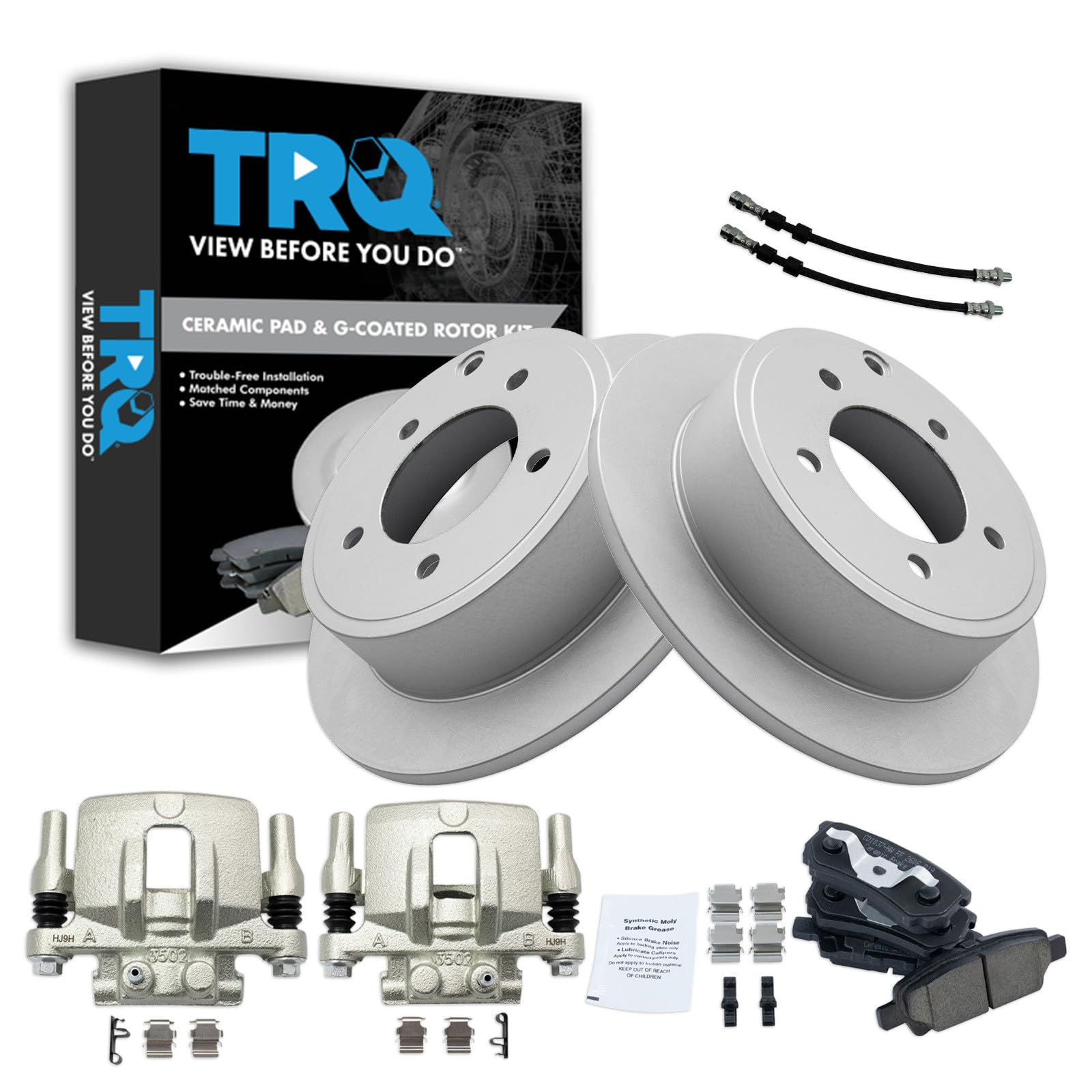 TRQ Rear Brake Pad and Rotor Set Ceramic Coated Rotors Calipers Compatible with 2011-2014 Chrysler 200 2007-2010 Sebring 2008-2014 Dodge Avenger 2007-2017 Jeep Compass Patriot