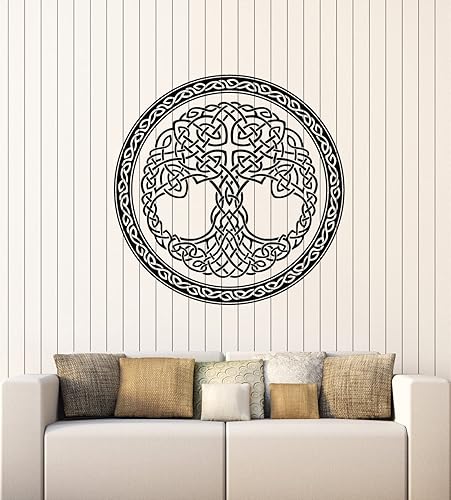 Vinilo decorativo para pared, adorno celta, círculo, árbol de la vida, símbolo, mural, decoración grande (g7990), color negro