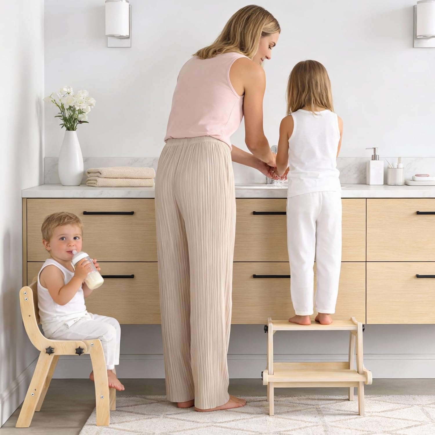 Toddler Step Stool, Foldable Step Stool for Kids, Convert to Chair, Toddler Stool for Bathroom Sink & Potty Training, Wooden Step Stools w Non Slip Base for Kitchen, Bedroom - Image 2