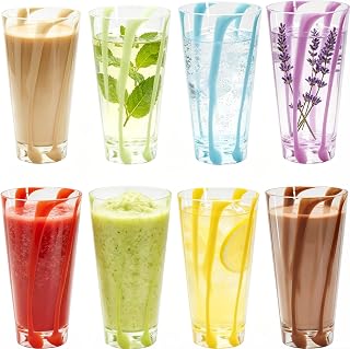 Plastic Cups Reusable (Set of 8) 22oz Acrylic Glasses Drinkware, BPA Free Stackable Water Tumblers Dishwasher Safe Colored Clear Glassware for Kitchen, Cocktail, Ice Coffee, Tea, Juice, Beer