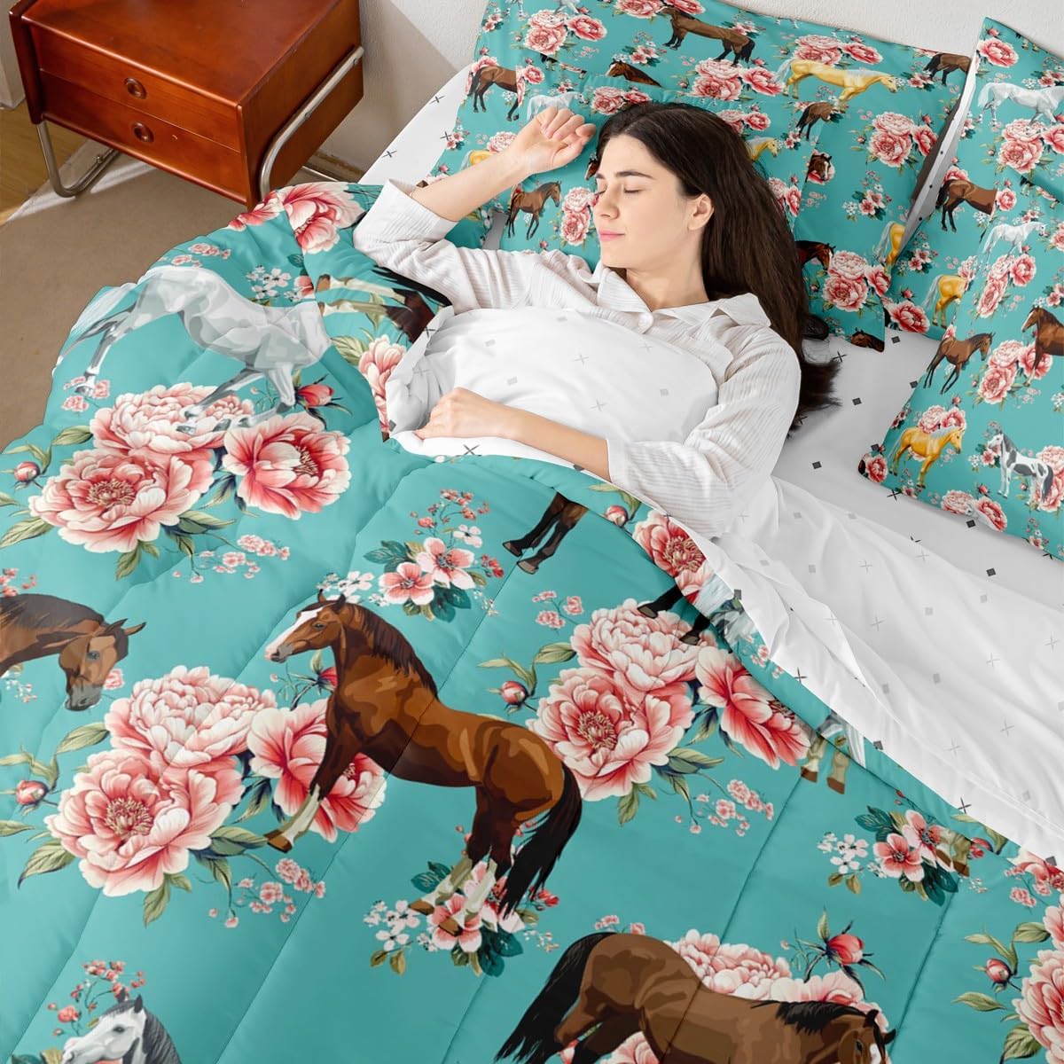 Erosebridal Kids Horse Twin Comforter Set 7 Pieces, Chic Retro Floral Bed in A Bag, Galloping Horse Printed Bedding Set with Comforters, Sheets, Pillowcases Farm Animal Bedroom Decor