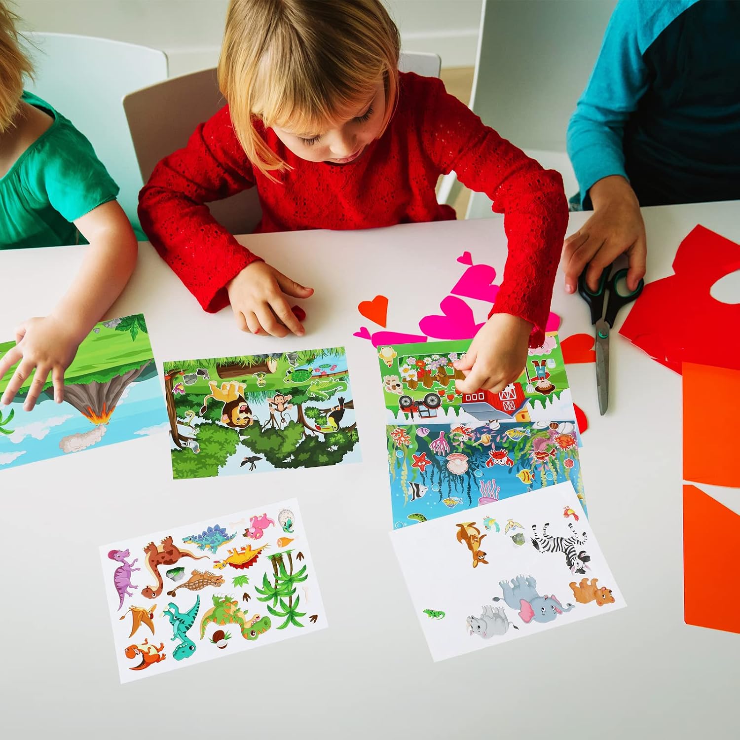 Spakon 32 Sheets Scene Stickers for Kids Make Your Own Animal Mix and Match Stickers DIY Jungle Farm Dinosaur Theme Reusable for Birthday Suppliers Children Students Party Favor