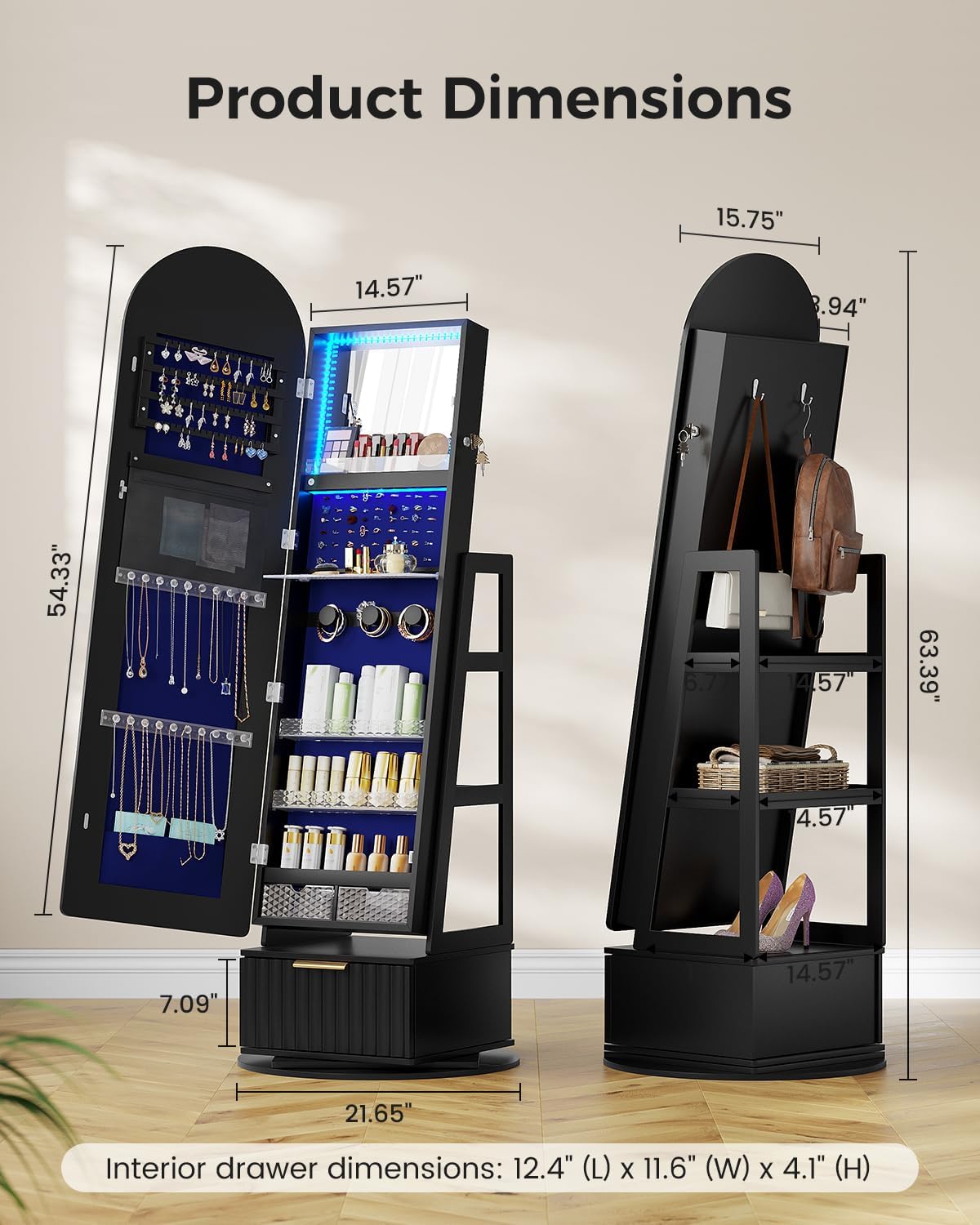 Dystler Arched Jewelry Cabinet with RGB Full-Length Mirror, 360° Swivel Standing Jewelry Armoire with Shelves & Drawer, Lockable Jewelry Organizers and Storage with Remote Control, Black