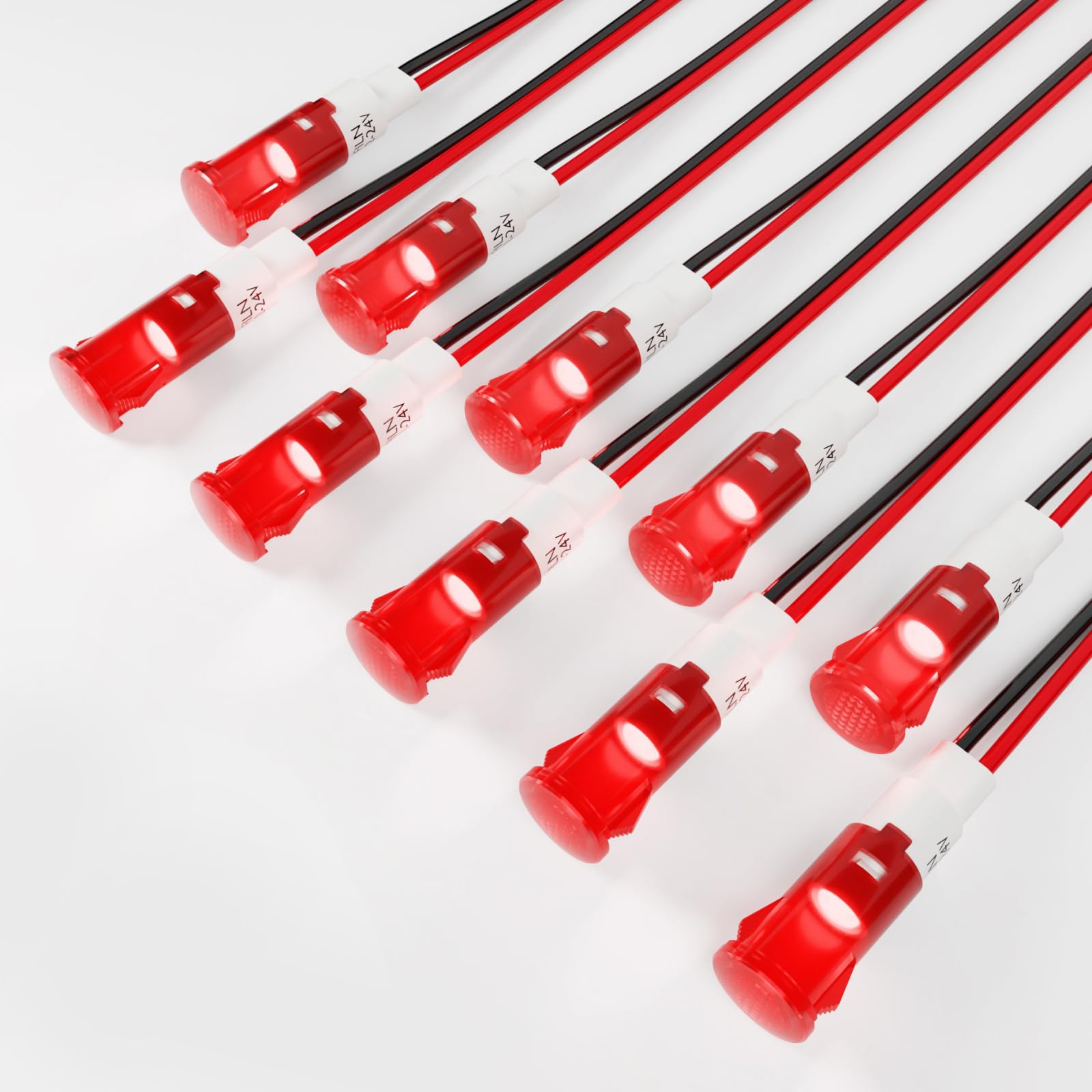 FILN Luz indicadora de plástico, 10 mm, LED, luz de señal, luces de tablero, luz indicadora de panel, 12 V, 24 V, adecuada para automóviles, camiones, barcos, 10 unidades, luz roja