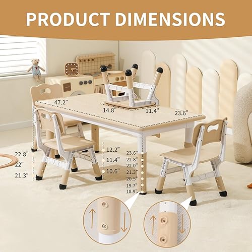 Vista 2 de Kids Table and 4 Chairs Set, Height Adjustable Toddler Table and Chairs Set, Graffiti Desktop Children Activity Table for Ages 2-10, Daycare, Grano