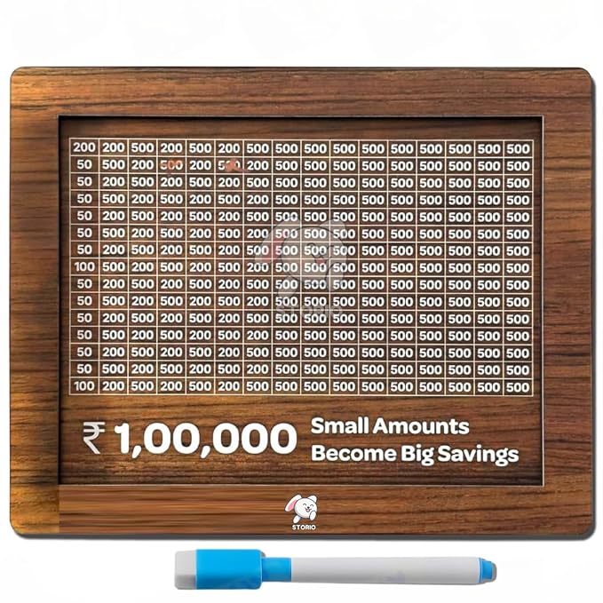 Storio Wooden Money Bank with 100000 Savings, Money Box, Coin with Carved Design for Kids/Children, Challenge, Cashbox,Cash Vault, Coin Piggy Bank