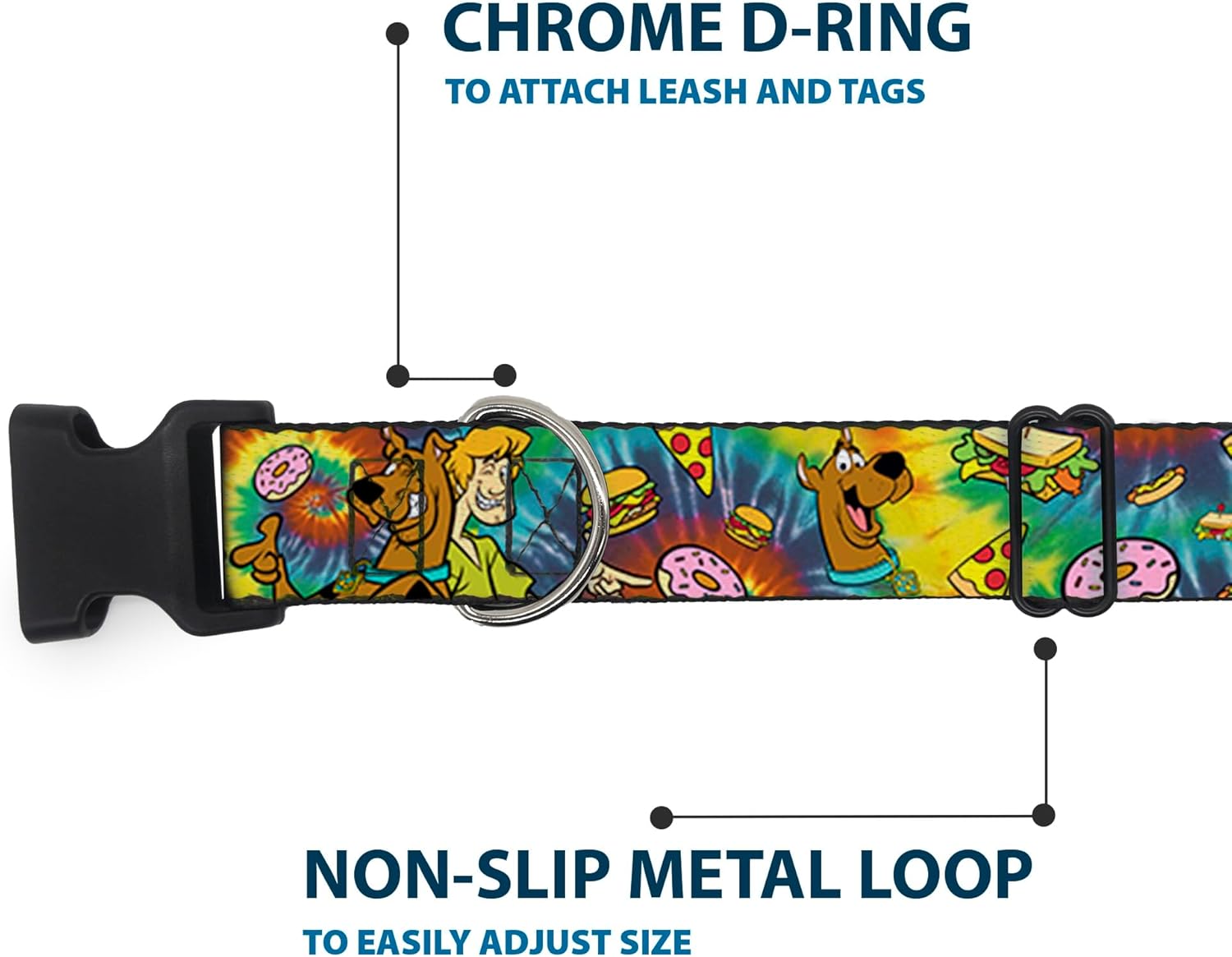 Dog Collar Plastic Clip Scooby Doo and Shaggy Poses Munchies Tie Dye Multi Color 16 to 23 Inches 1.5 Inch Wide