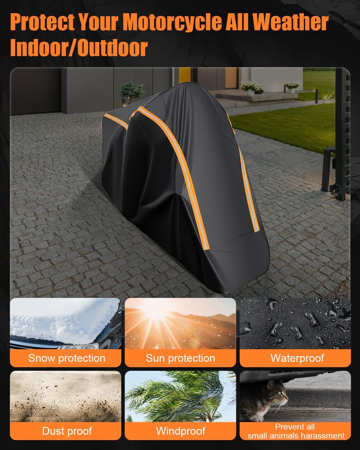 Full Enclosed Motorcycle Cover Waterproof Outdoor/Indoor Storage Waterproof Motorcycle Cover Heavy Duty with Reflective Strips Fits Touring Motorcycles Length up to 108" with Side+Top Box