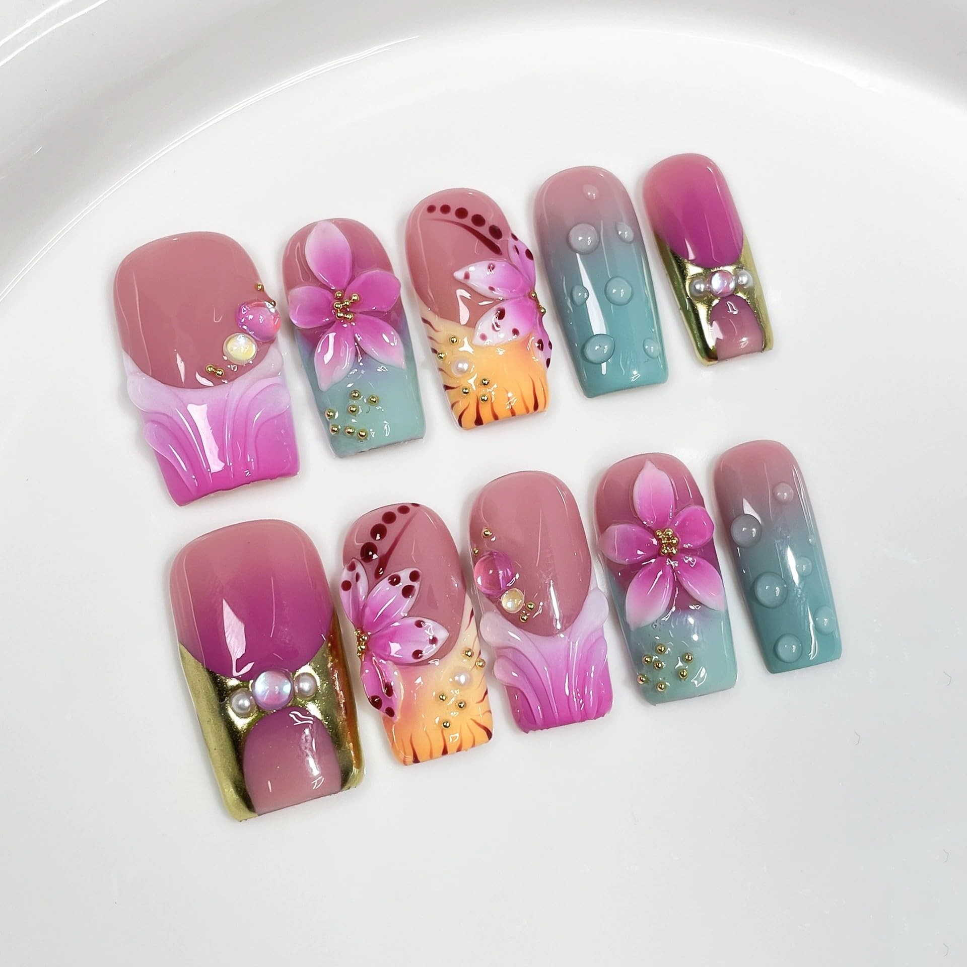 Photo 1 of 10Pcs Press on Nails Medium Handmade Square Fake Nails with 3D Flower Designs Purple Ombre French Tip False Nails Luxury Glossy Acrylic Nails Press Ons Reusable Stick on Nail for Women (Size M)