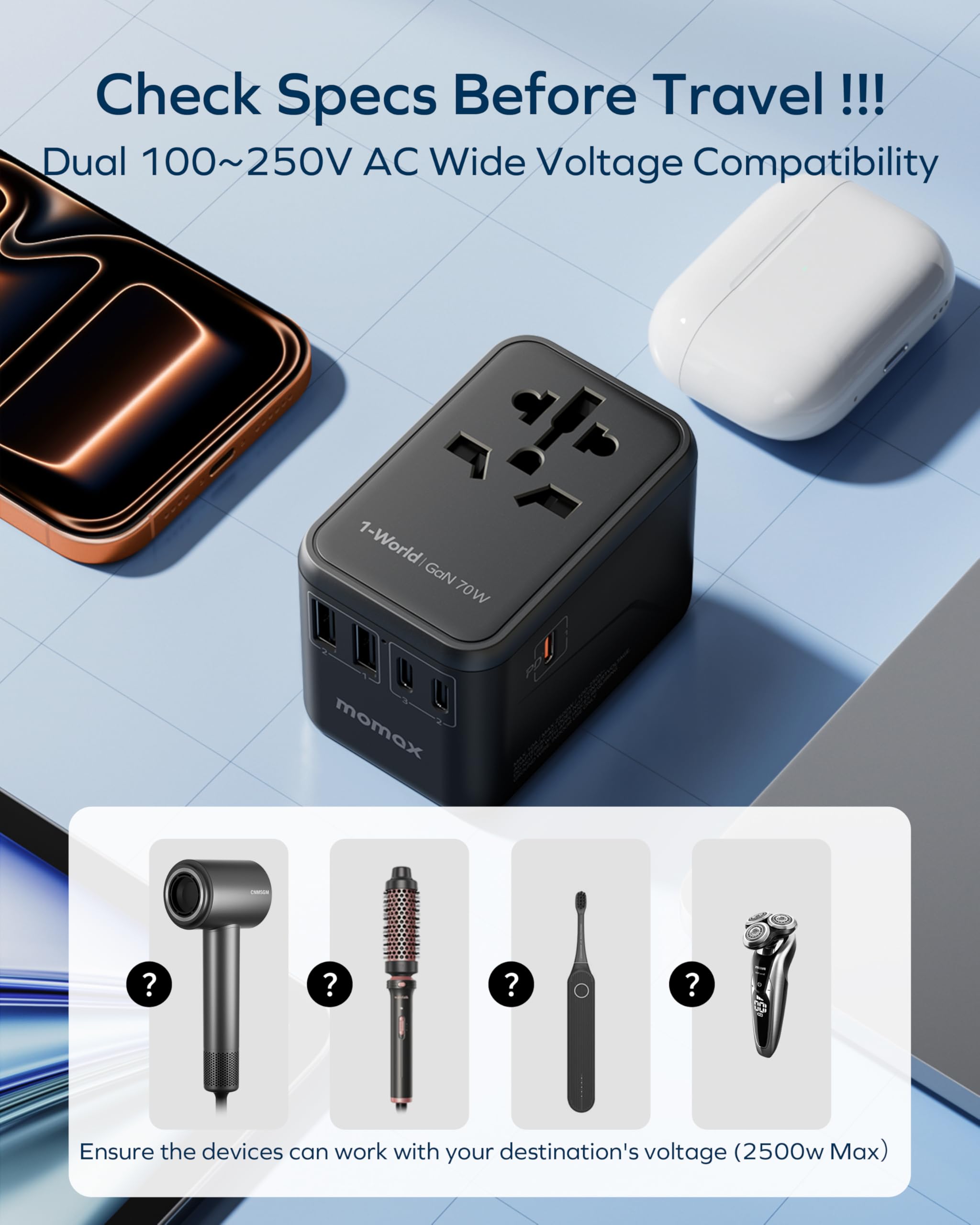 MOMAX Universal Travel Adapter,70W GaN Travel Plug Adapter with UK/EU/AU/US Plugs, 3USB-C PD & 2USB-A QC International Adapter Charger, Adapter Plug for Laptops Tablets Phones Vision Pro 1-World — view 9