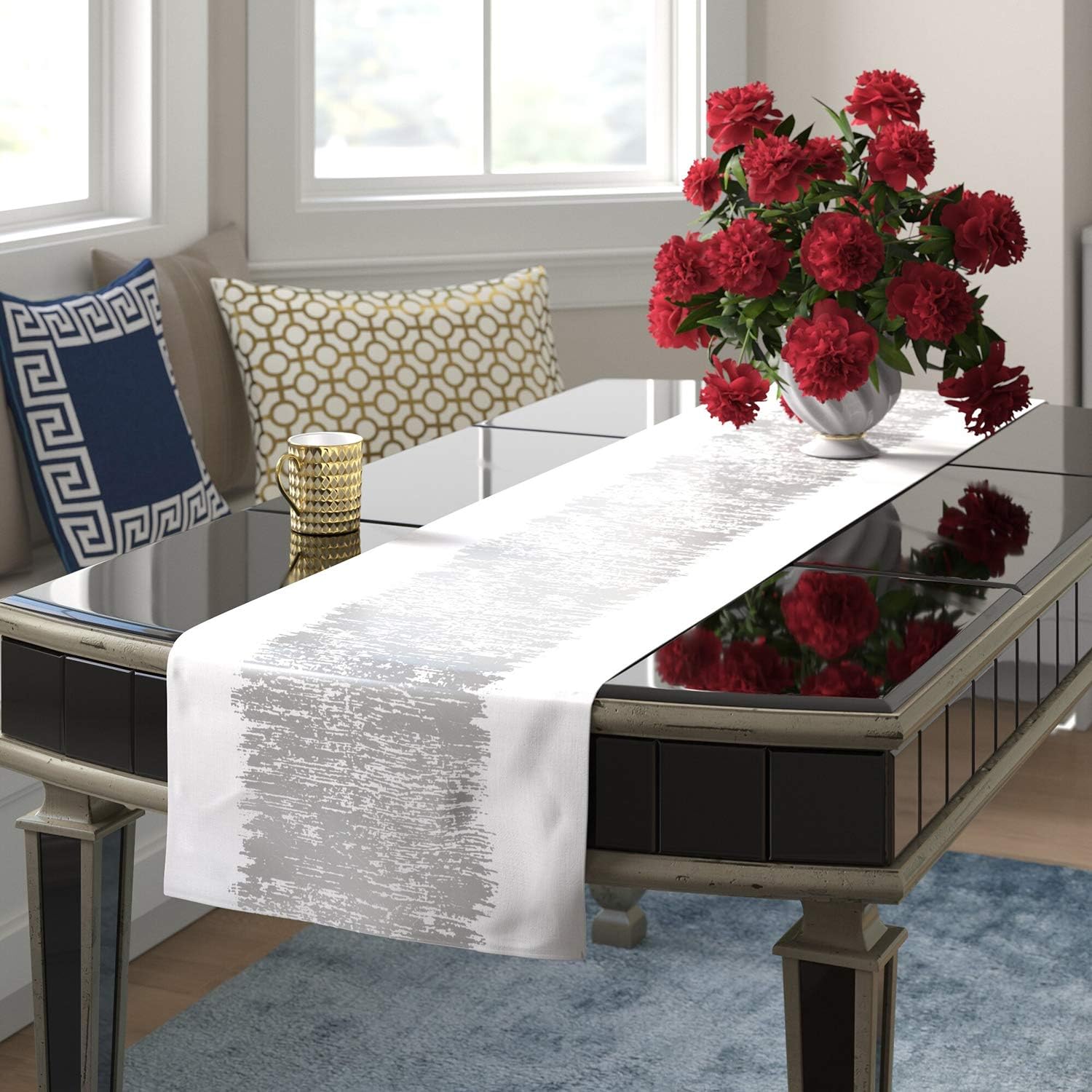 Fennco Styles Agatha Collection Glamorous Metallic Banded 100% Cotton 16 x 90 Inch Table Runner – Silver Table Cover for Wedding, Family Gathering, Special Events and Home Décor