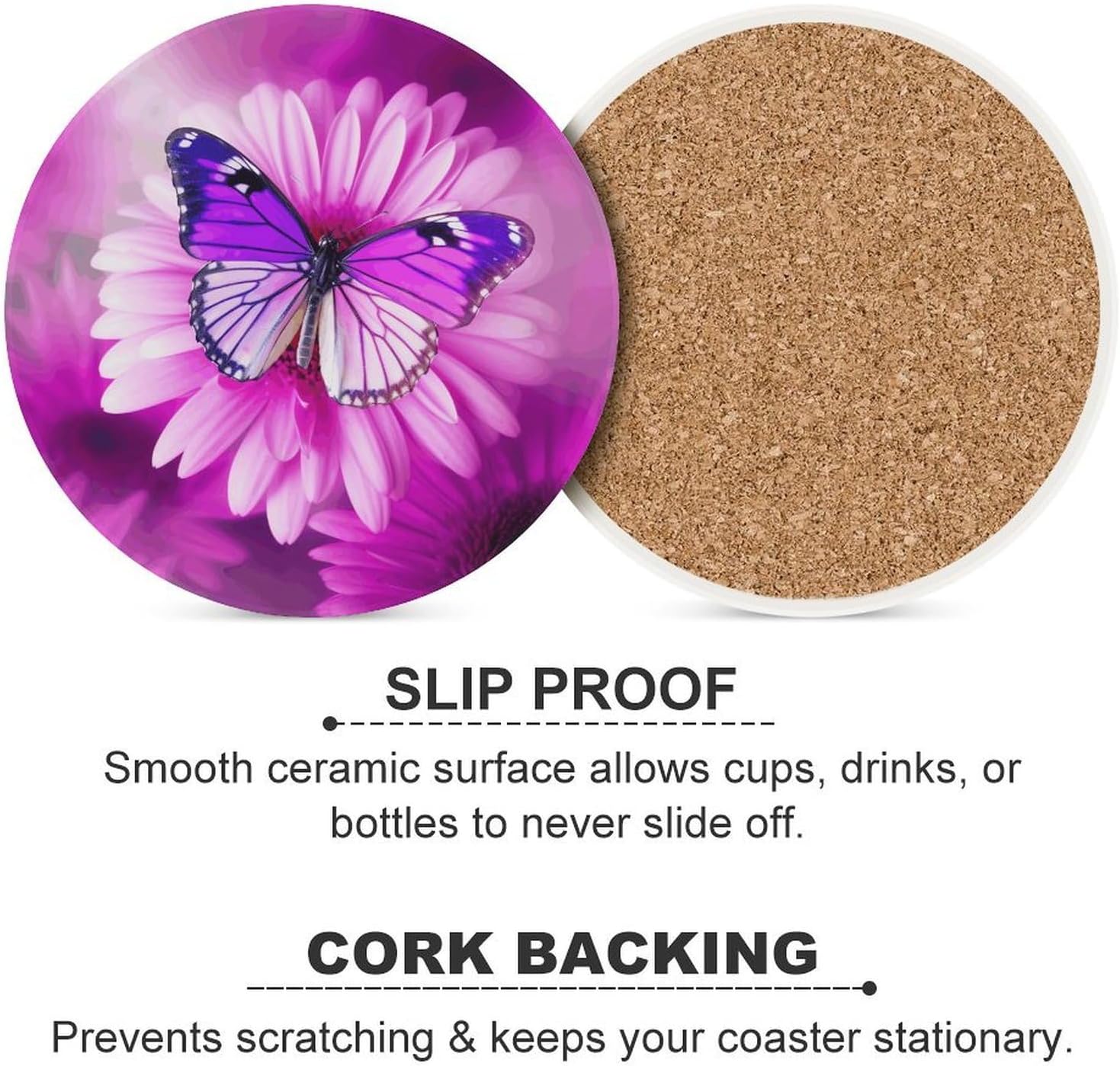 Purple Butterfly and Flower Coasters Round Coasters Set Ceramic Stone Coaster with Cork Base Coffee Cup Beverage Cup Mat Cute Funny Table Drinks Coaster for Mugs and Cups Office Kitchen