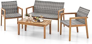 Tangkula 4 Pieces Outdoor Furniture Set, Acacia Wood Frame Sofa Set w/Rattan Seat & Back, Patio Conversation Set w/Coffee Table for Balcony, Poolside, Backyard (Mix Gray)