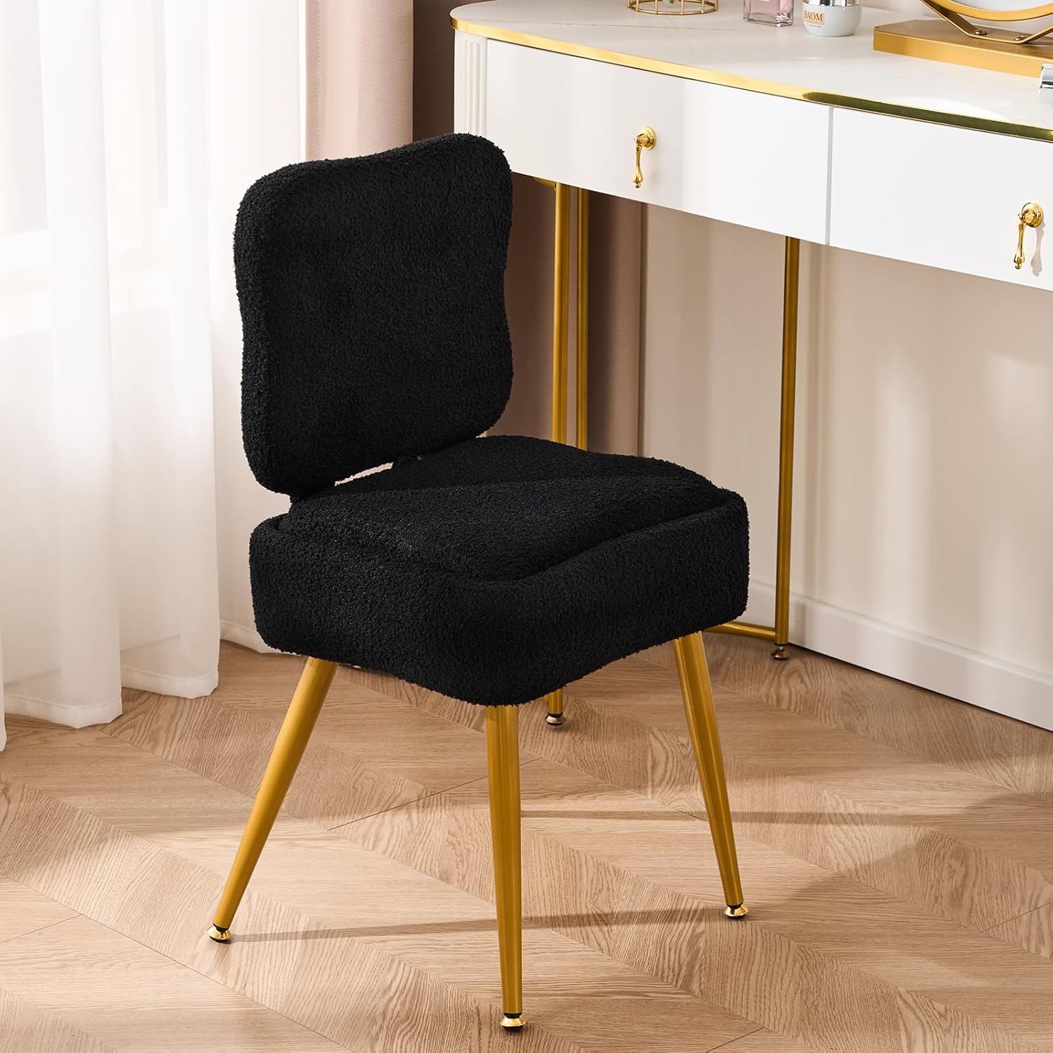 Vanity Chair with Storage and Foldable Backrest - Plush Teddy Fabric, 8L Hidden Storage, 250lbs Capacity, Multi-Functional Makeup Stool Ottoman for Living Room, Bedroom and Bathroom (Pink)