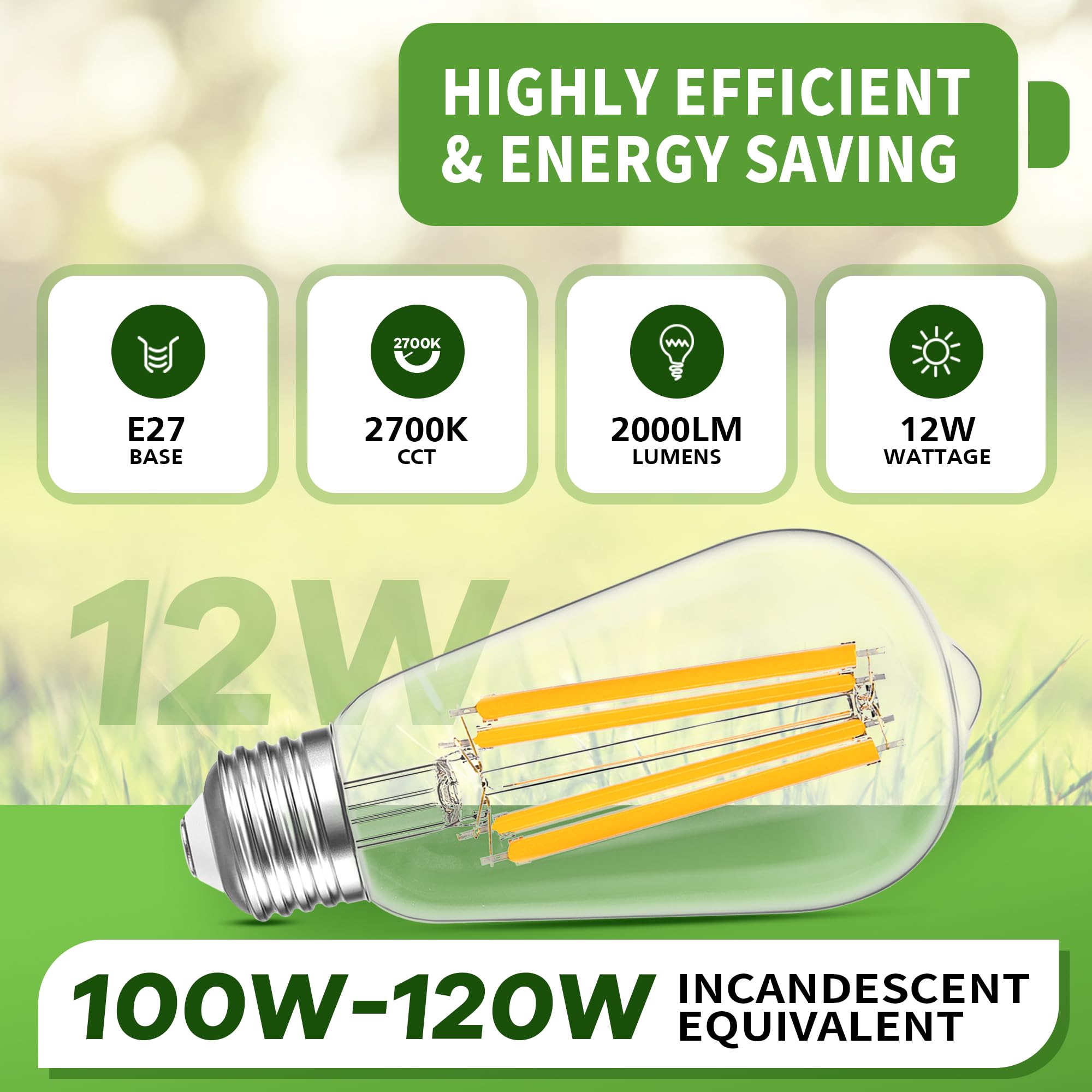 Żarówka LED E27, ciepła biel, 100 W, 2000 lumenów, 12 W, vintage, energooszczędna, zamiennik żarówki 120 W, ciepła biel 2700 K, żarówka Edisona do codziennego oświetlenia, bez migotania, 230 V, 2
