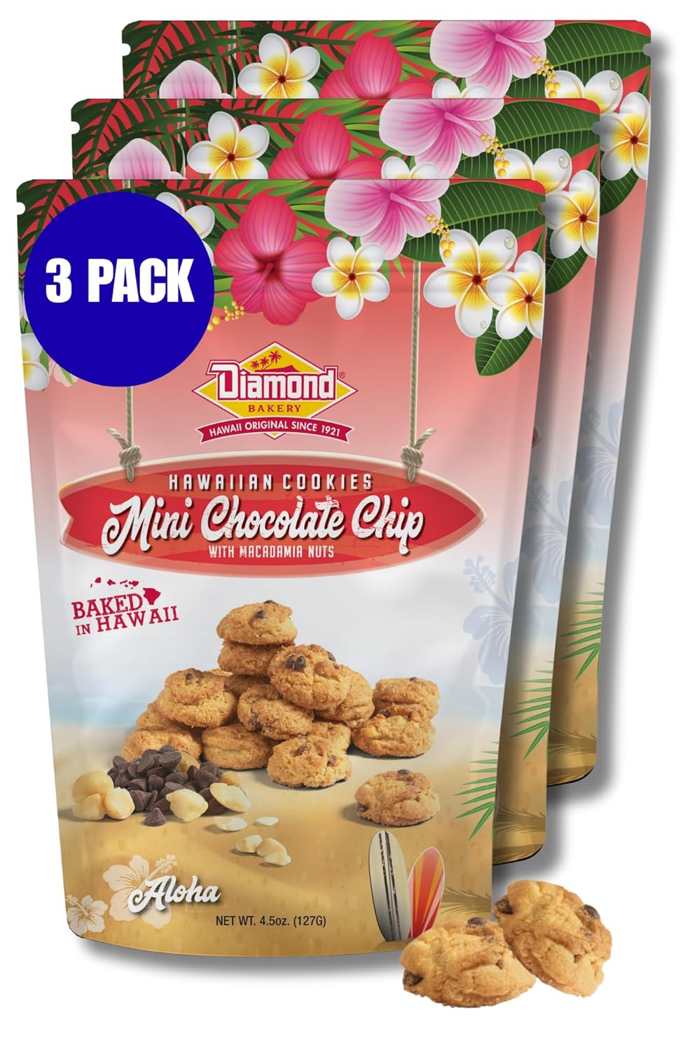 Diamond Bakery Mini Hawaiian Chocolate Chip Cookies – Bite-Size Cookies Baked in Hawaii, Sweet Treat Snack, 13.5oz, 3-Pack (Each 4.5oz Bag Contains 4.5 Servings)