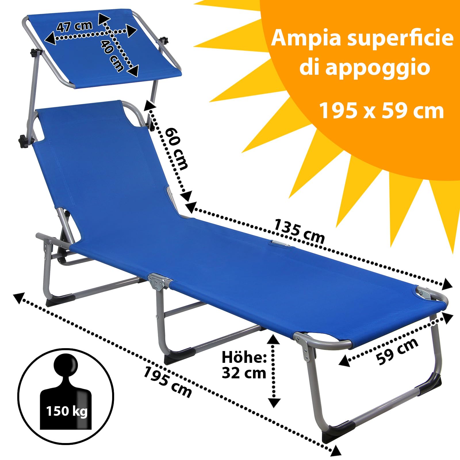 Montafox Lettino Prendisole Tettucio 195 x 59 x 32 cm Sedia Sdraio Mare Piegvole Leggero Schienale Regolabile Parasole Terrazzo Piscina Giardino, Colore:blu scuro