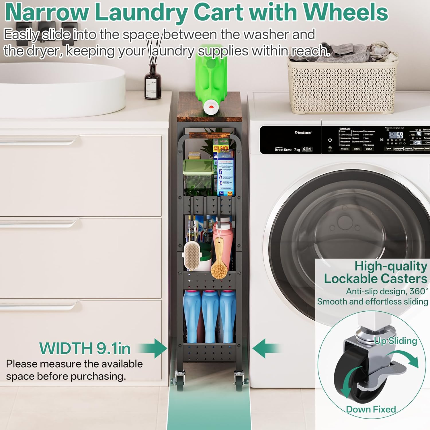 DTUQYX Laundry Room Organization Cart, 4 Tier Slim Rolling Cart for Small Narrow Spaces, Storage Shelf Cabinet with Wheels for Bathroom, Utility Room, Kitchen, Near Washer and Dryer (9.1" W Overall)