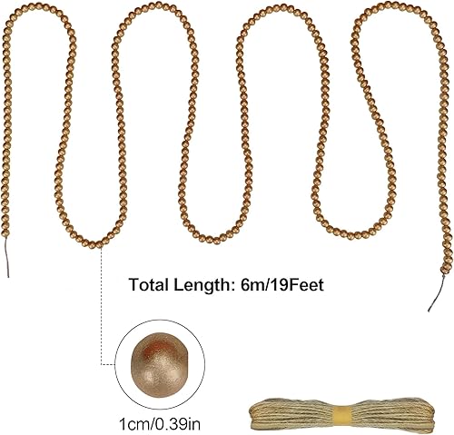 Miniatura 4 de Guirnalda de cuentas de madera de Navidad de 19 pies, guirnalda de cuentas de madera redonda de oro brillante con 10 piezas para colgar manualidades