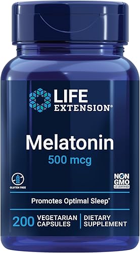 Life Extension Melatonina, 500 mcg – Promueve suavemente el sueño, dosis baja, tamaño de valor – Sin OMG, sin gluten, vegetariano – 200 cápsulas